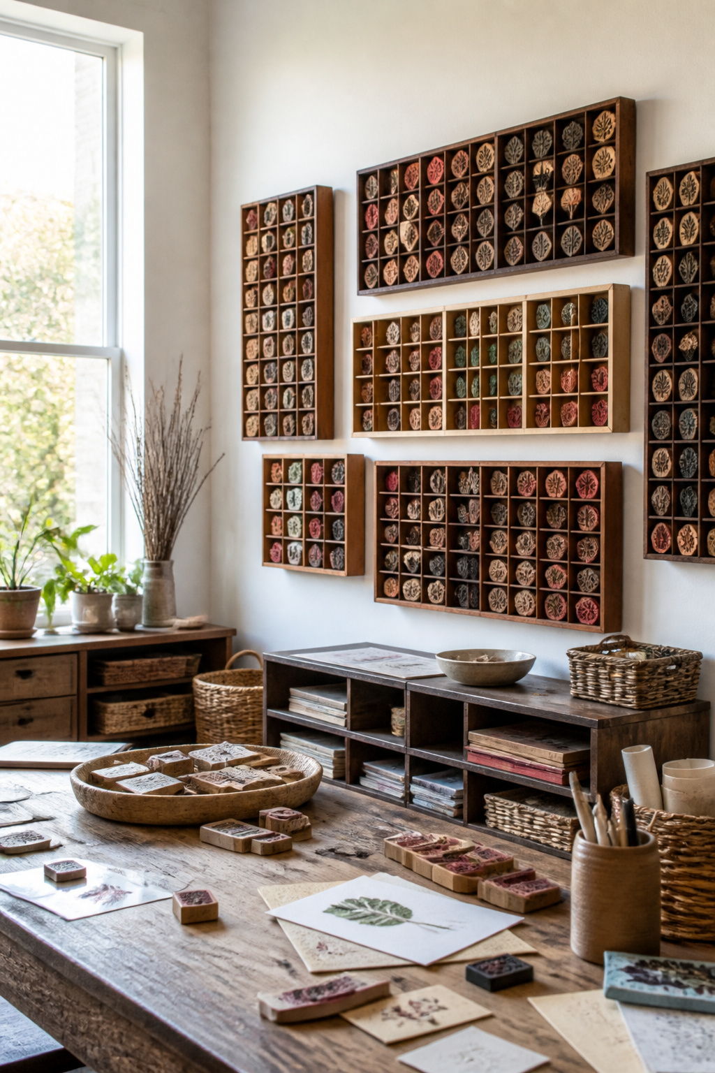 Rubber Stamp Storage: How to Organize and Protect Your Collection 3 Eclectic vintage printer's trays holding various rubber stamps on a bright wall.