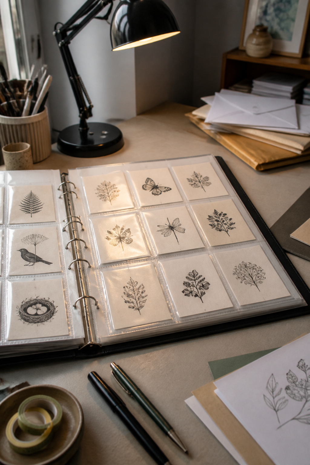 Rubber Stamp Storage: How to Organize and Protect Your Collection 4 A binder with laminated storage pockets displaying unmounted rubber stamps.