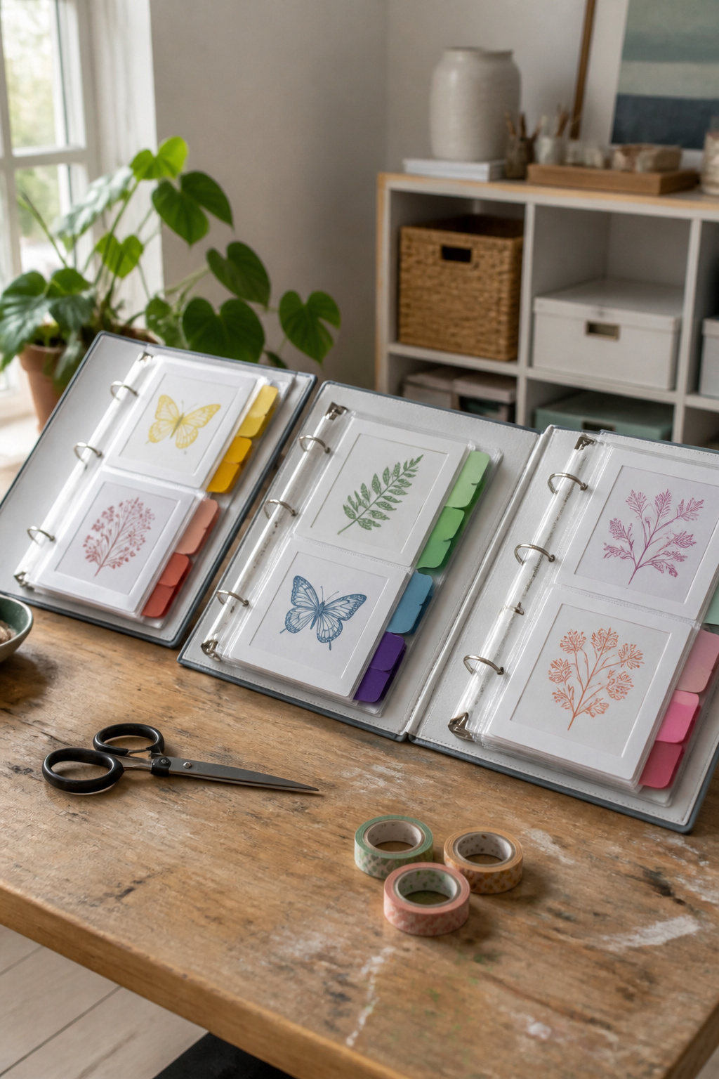 Rubber Stamp Storage: How to Organize and Protect Your Collection 5 Three-ring binders filled with vinyl sleeves containing rubber stamps on a table.