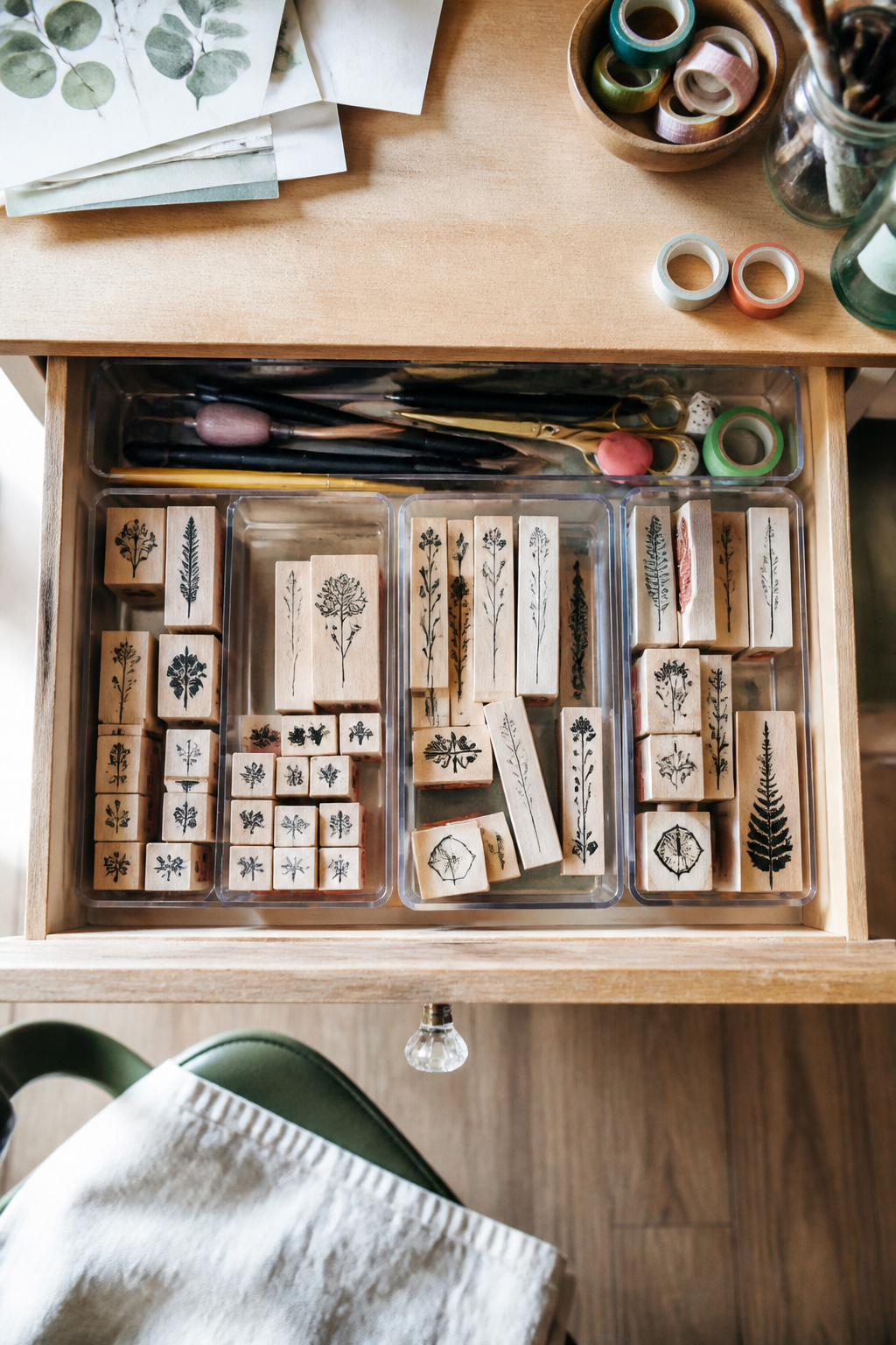 Rubber Stamp Storage: How to Organize and Protect Your Collection 6 Clear plastic drawer organizers filled with rubber stamps in a desk drawer.