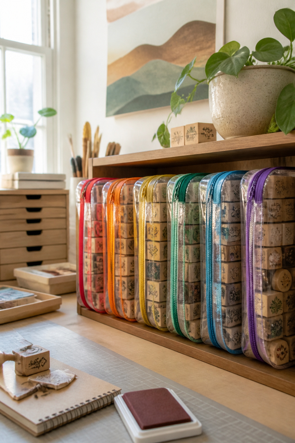 Rubber Stamp Storage: How to Organize and Protect Your Collection 7 A collection of colorful stamp storage bags organized vertically on a shelf.