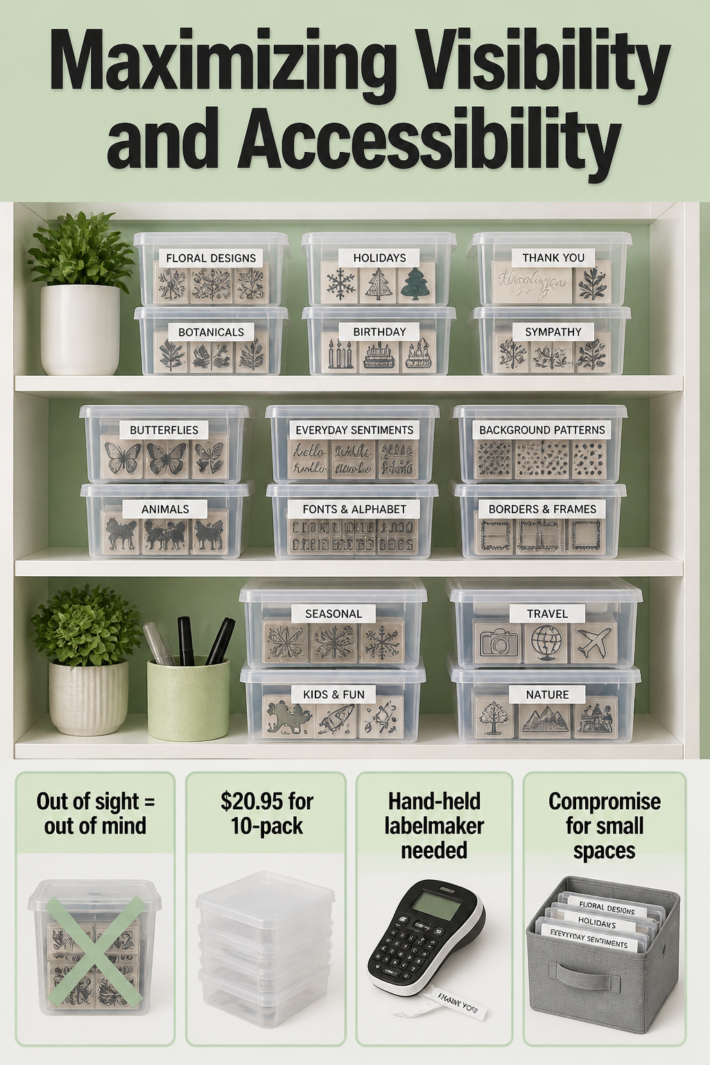 Rubber Stamp Storage: How to Organize and Protect Your Collection 8 Clear containers arranged on a shelf, containing various rubber stamps.