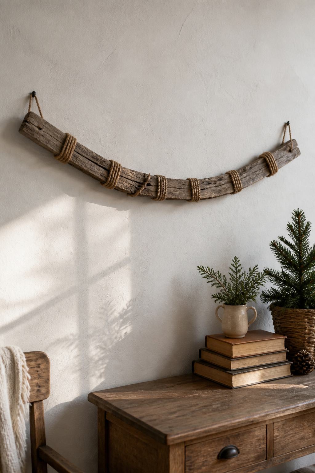 8 Rustic Christmas Garland Ideas for 2026: Wood, Pinecones, Citrus & More 1 A reclaimed barn wood garland with jute rope hanging on a wall.