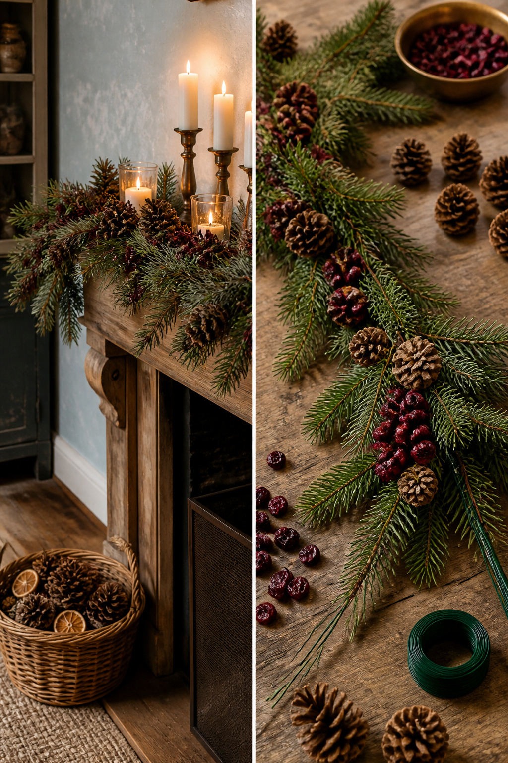 8 Rustic Christmas Garland Ideas for 2026: Wood, Pinecones, Citrus & More 2 A garland made of pinecones, dried cranberries, and evergreen sprigs.
