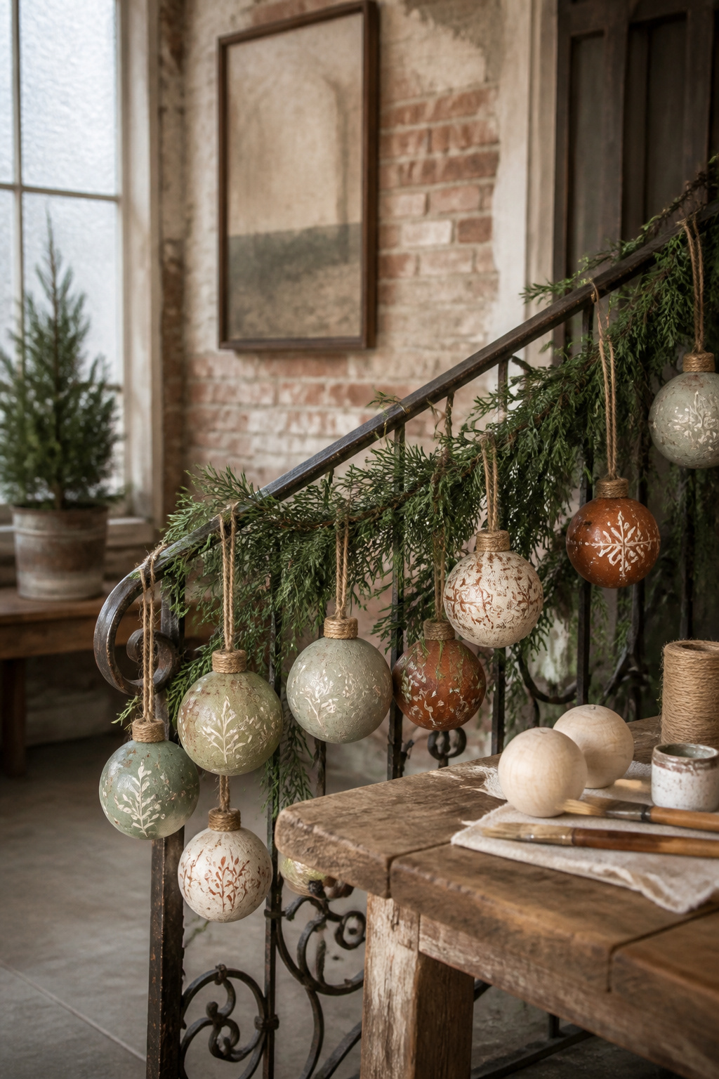 8 Rustic Christmas Garland Ideas for 2026: Wood, Pinecones, Citrus & More 4 A rustic garland adorned with hand-painted ornaments in soft colors.