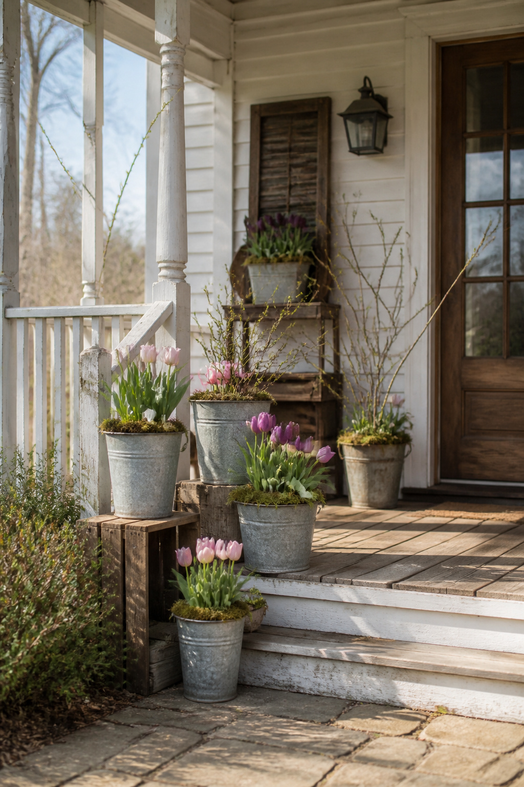 10 Rustic Easter Decor DIY Ideas for 2026 1 Galvanized planters with tulips and moss on a rustic porch.