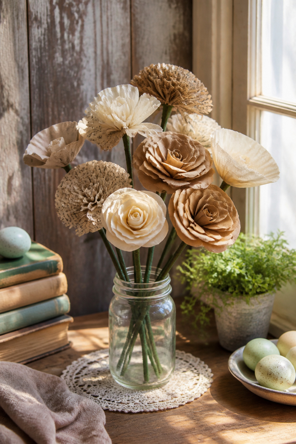 10 Rustic Easter Decor DIY Ideas for 2026 10 Paper flowers in a jar, made from coffee filters and book pages.