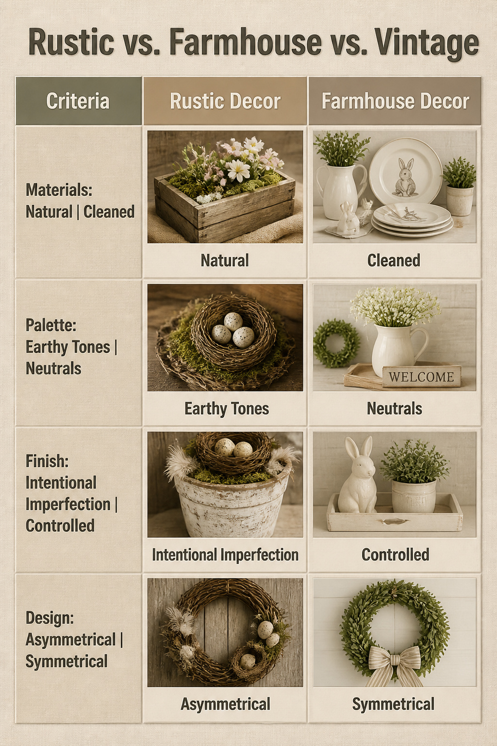 10 Rustic Easter Decor DIY Ideas for 2026 11 An infographic comparing rustic, farmhouse, and vintage decor styles.