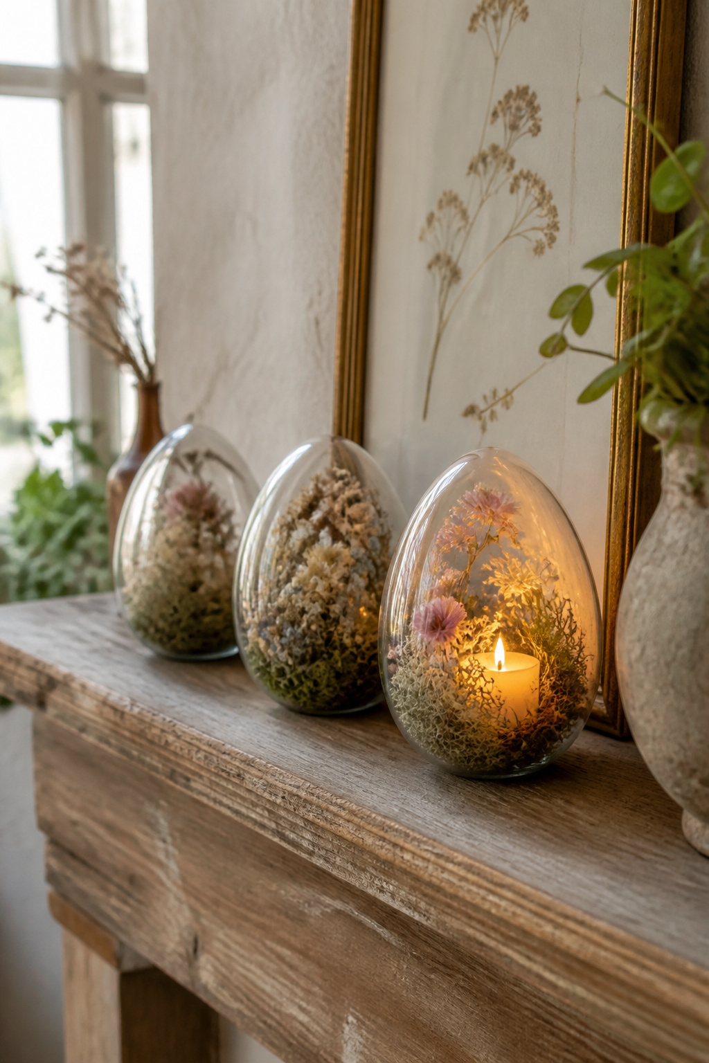 10 Rustic Easter Decor DIY Ideas for 2026 2 Glass Easter eggs with moss and flowers on a rustic wooden mantel.
