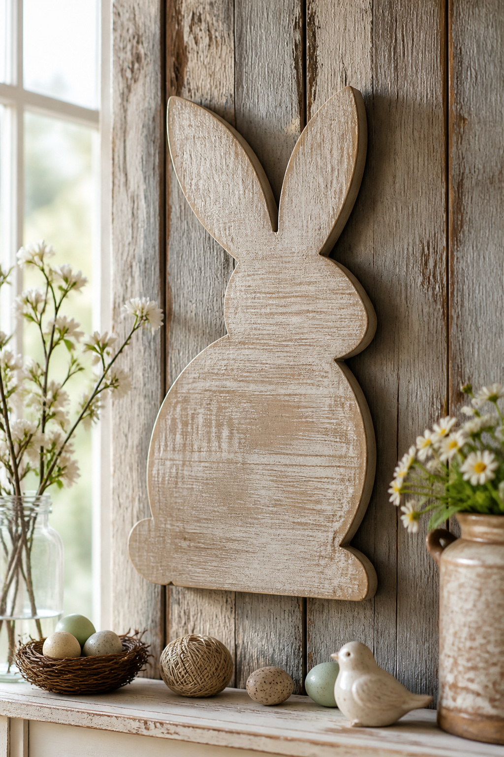 10 Rustic Easter Decor DIY Ideas for 2026 4 Bunny silhouette made of reclaimed wood on a wall.
