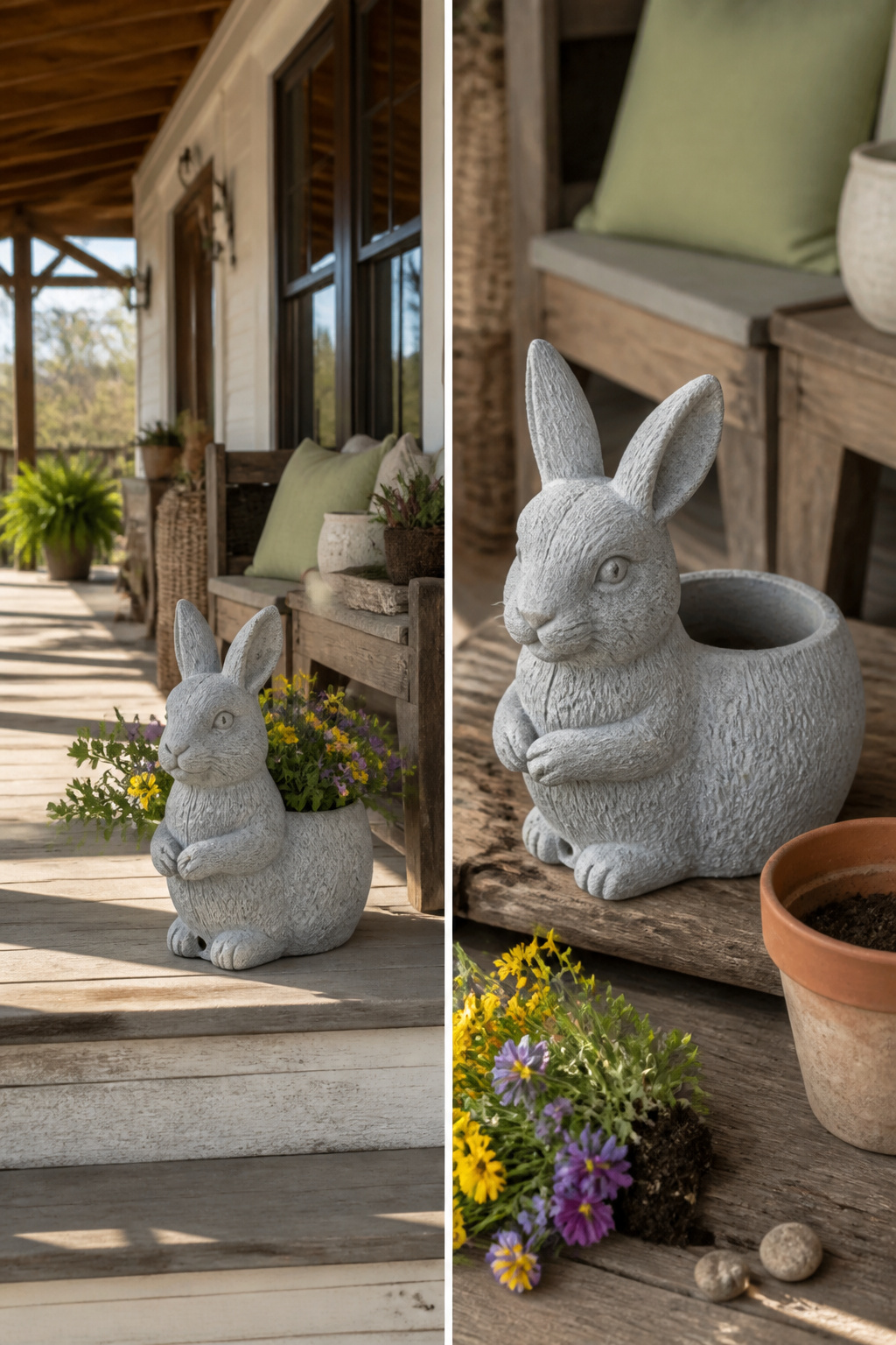 10 Rustic Easter Decor DIY Ideas for 2026 7 A faux stone bunny planter made from a plastic nursery pot.