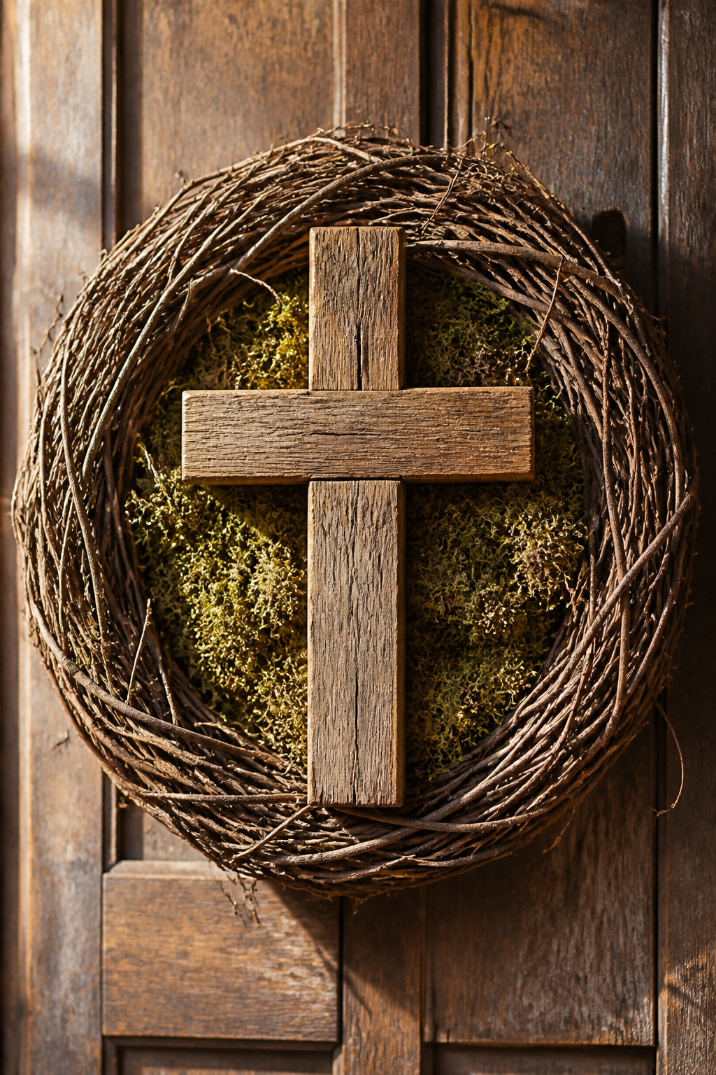 10 Rustic Easter Decor DIY Ideas for 2026 8 Grapevine wreath with a wooden cross and moss.