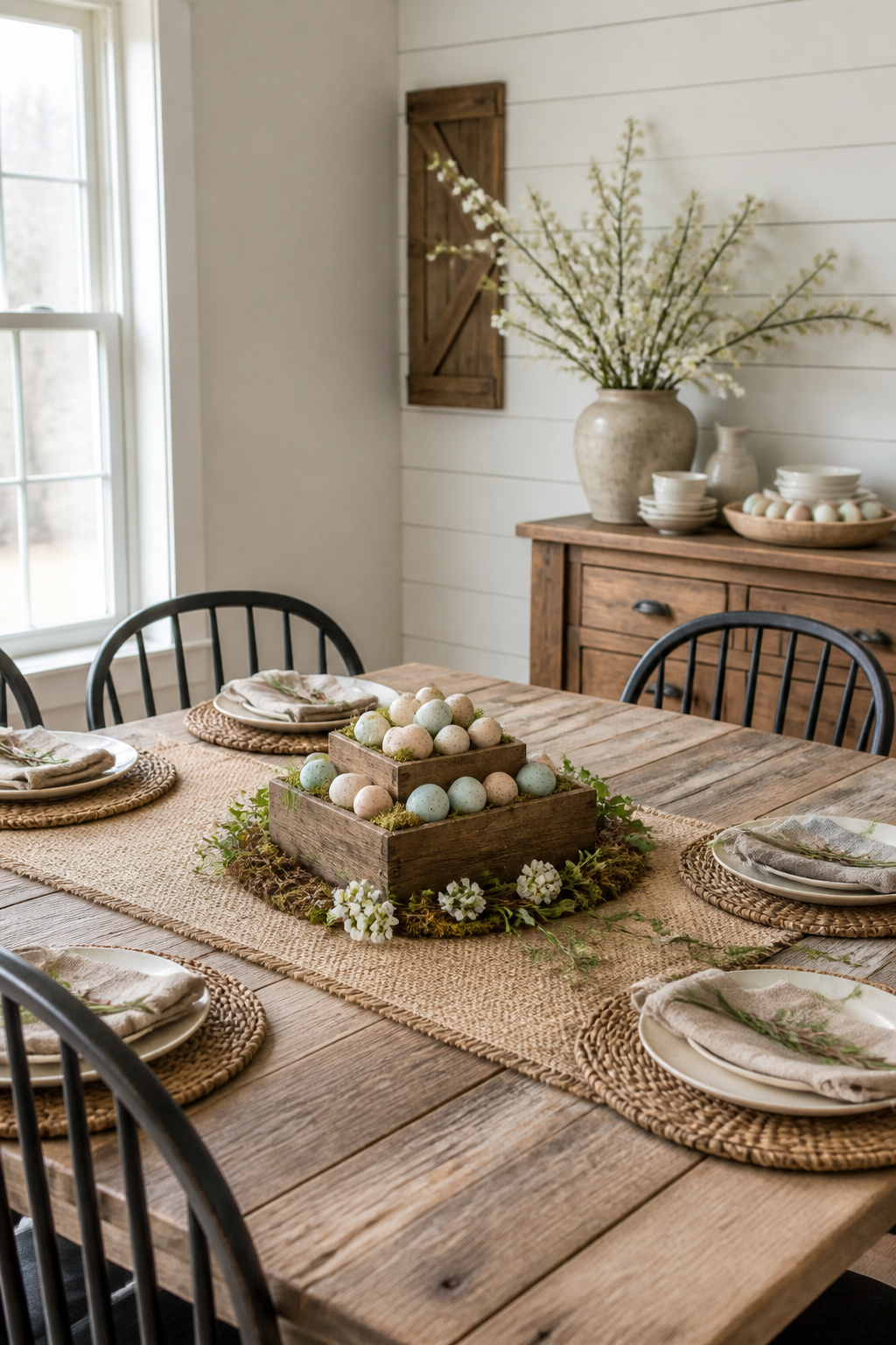 10 Rustic Easter Decor DIY Ideas for 2026 9 Stacked wood boxes filled with Easter eggs and moss.
