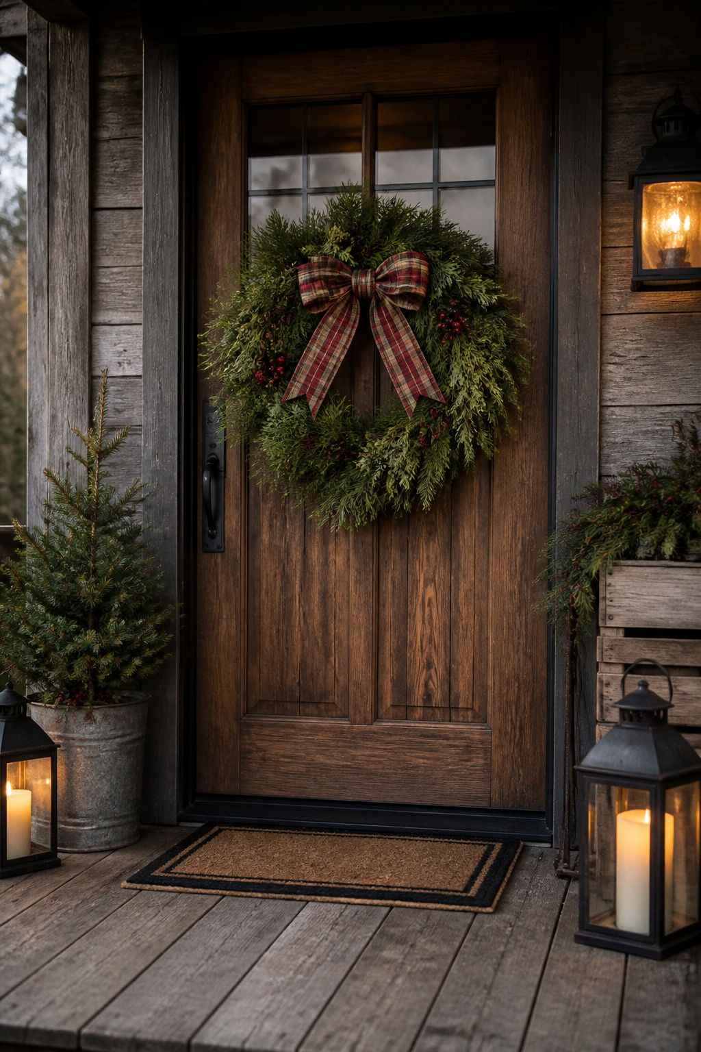 8 Rustic Front Porch Christmas Decor Ideas for a Warm Welcome Home 1 Wreath made of pine and cedar hanging on a front door.