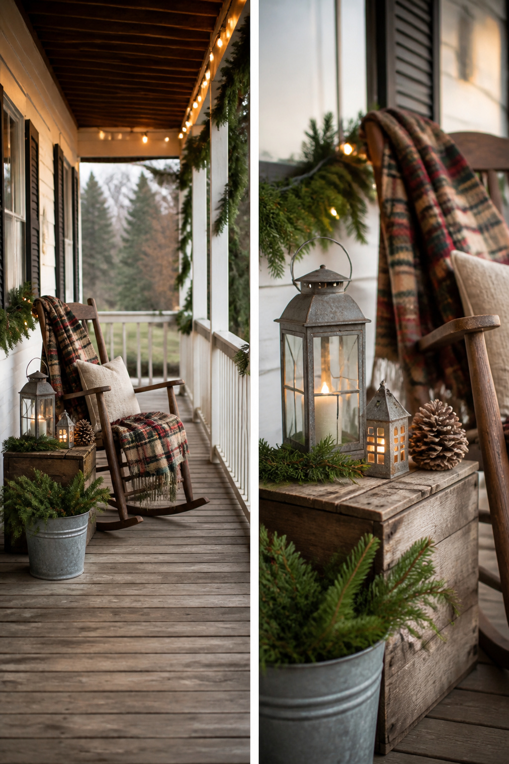 8 Rustic Front Porch Christmas Decor Ideas for a Warm Welcome Home 10 Wood, metal, and fabric textures arranged on a small porch.