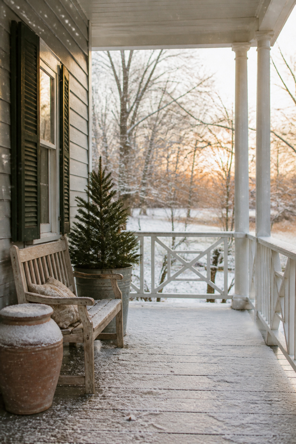 8 Rustic Front Porch Christmas Decor Ideas for a Warm Welcome Home 2 Three-foot faux tree in a galvanized bucket on a porch.