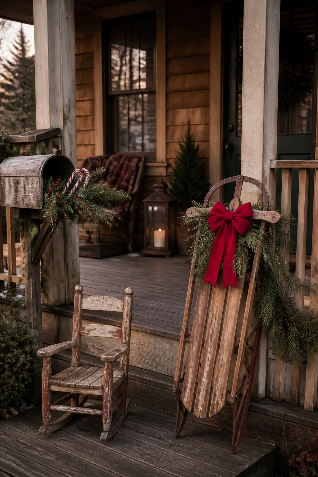 8 Rustic Front Porch Christmas Decor Ideas for a Warm Welcome Home 3 Vintage sled decorated with a red ribbon and greenery on a porch.