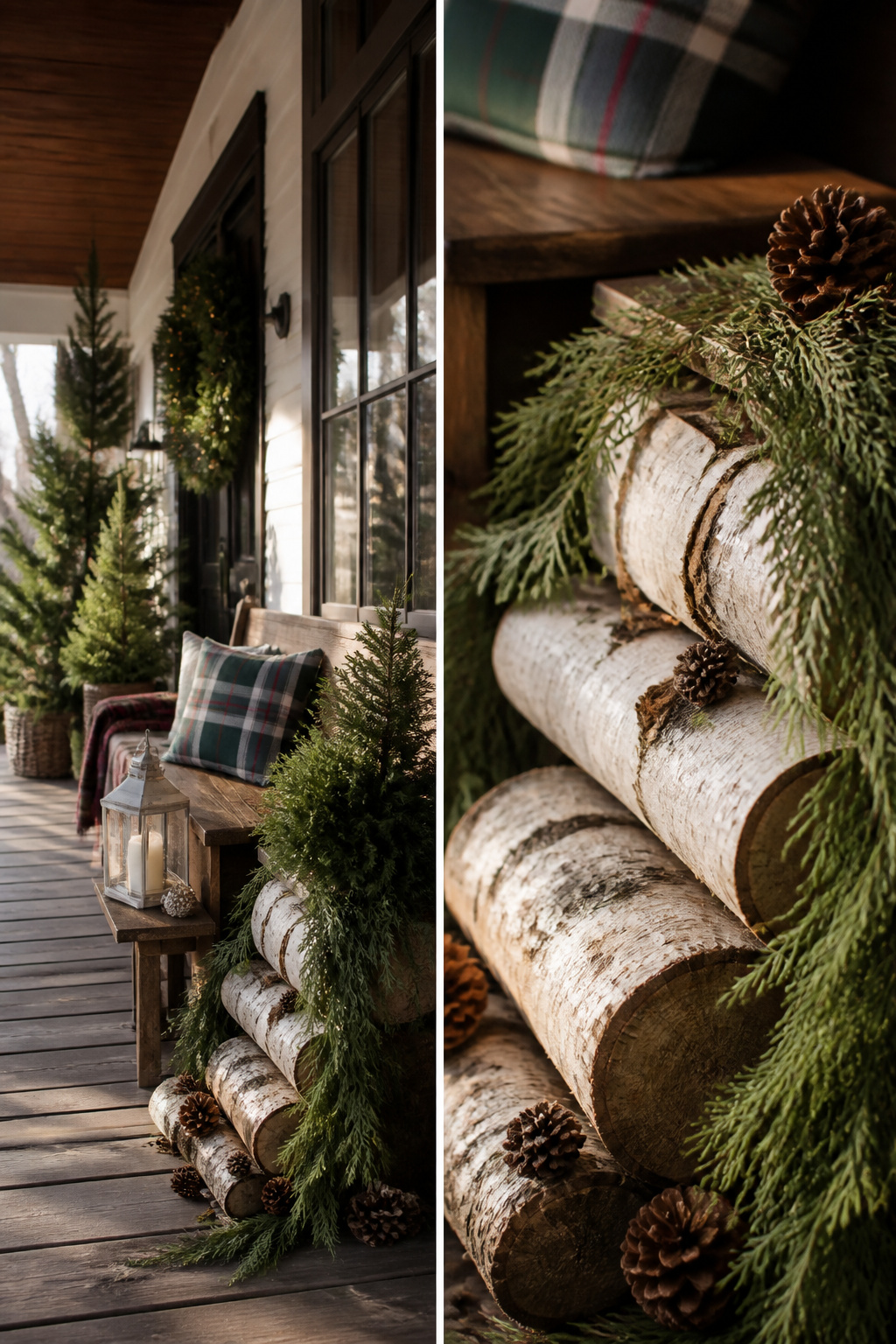 8 Rustic Front Porch Christmas Decor Ideas for a Warm Welcome Home 4 Pinecones, birch logs, and greenery arranged on a porch.