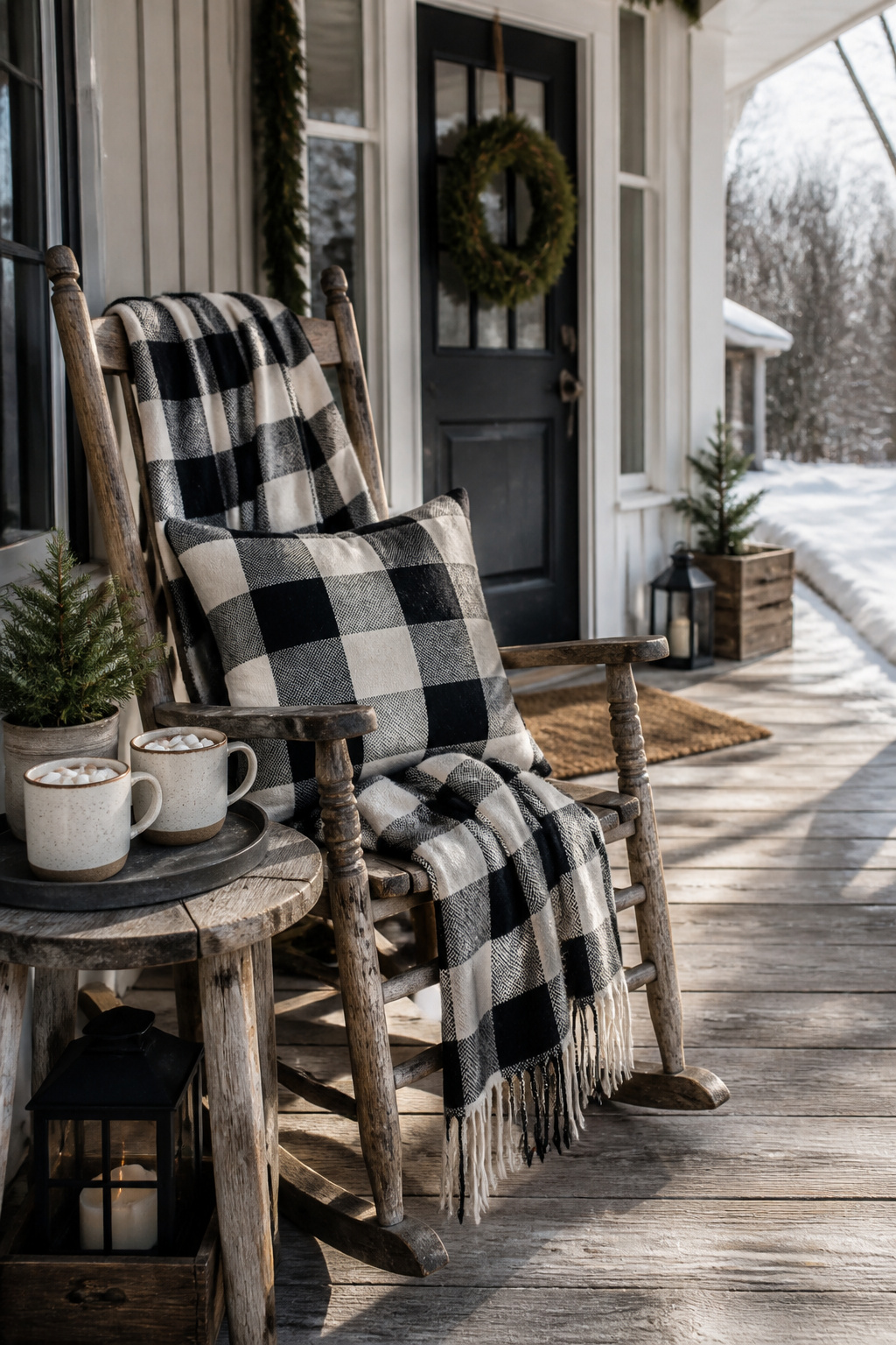 8 Rustic Front Porch Christmas Decor Ideas for a Warm Welcome Home 5 Buffalo check pillow and throw on a rustic rocking chair.