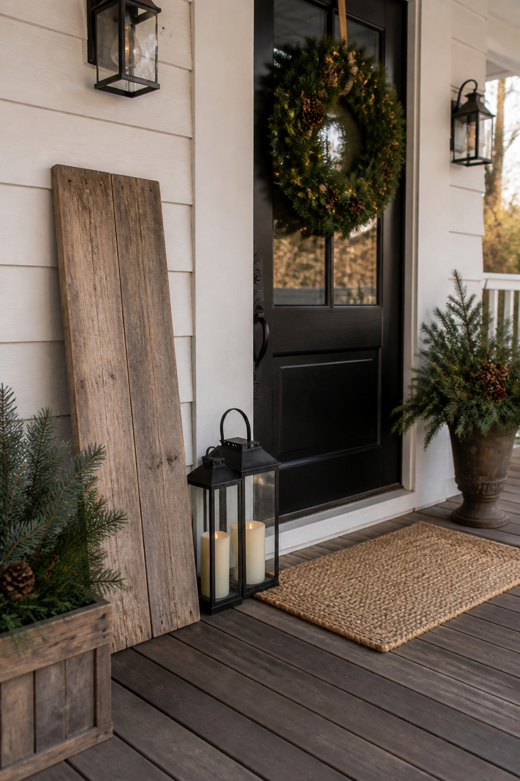 8 Rustic Front Porch Christmas Decor Ideas for a Warm Welcome Home 7 Wooden sign with 'Come In, It's Warm' message on the porch.