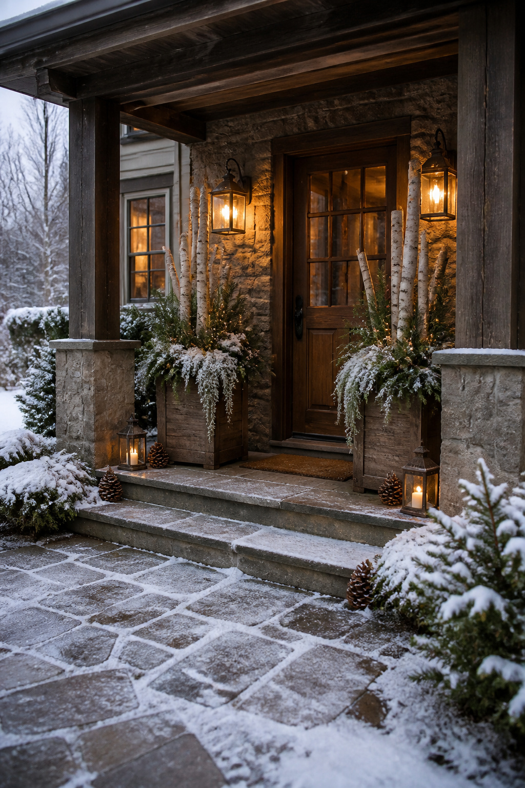 8 Rustic Front Porch Christmas Decor Ideas for a Warm Welcome Home 8 Planters with cypress greens and birch poles flanking a door.