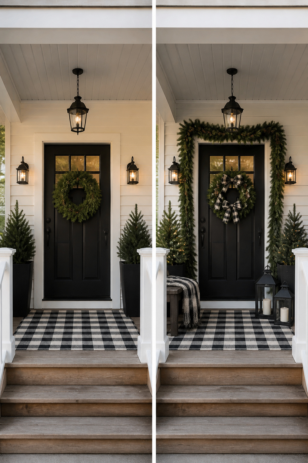8 Rustic Front Porch Christmas Decor Ideas for a Warm Welcome Home 9 Black, white, and green decor elements on a porch.