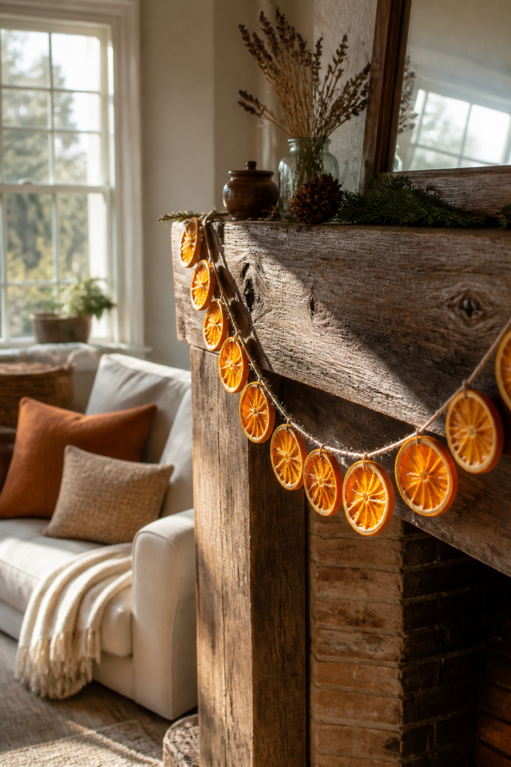 15 Simple Christmas Decorating Ideas for a Cozy 2026 Holiday 1 Dried orange garland draping over a wooden mantel with sunlight.