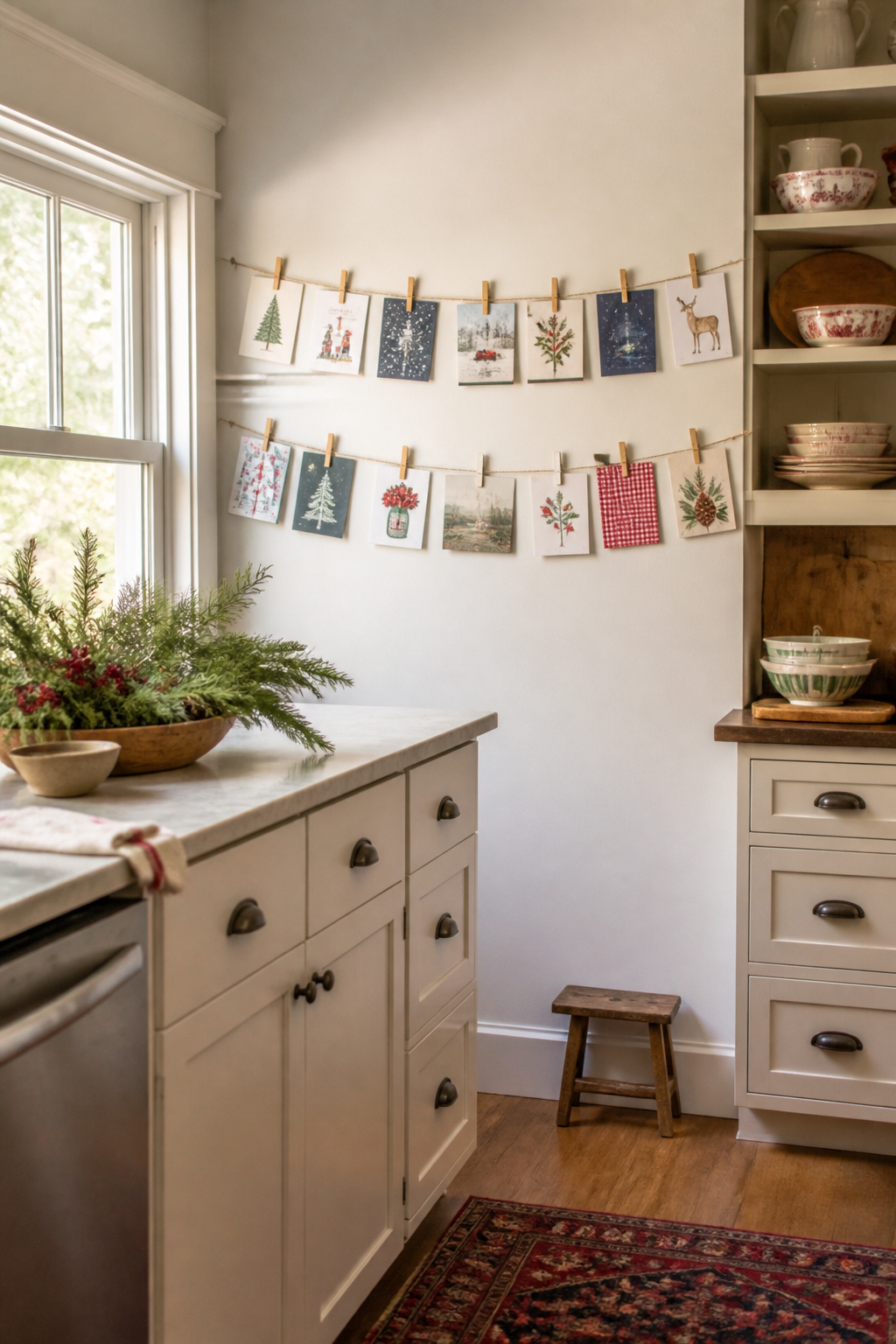 15 Simple Christmas Decorating Ideas for a Cozy 2026 Holiday 12 Holiday cards hanging on twine across a window frame.