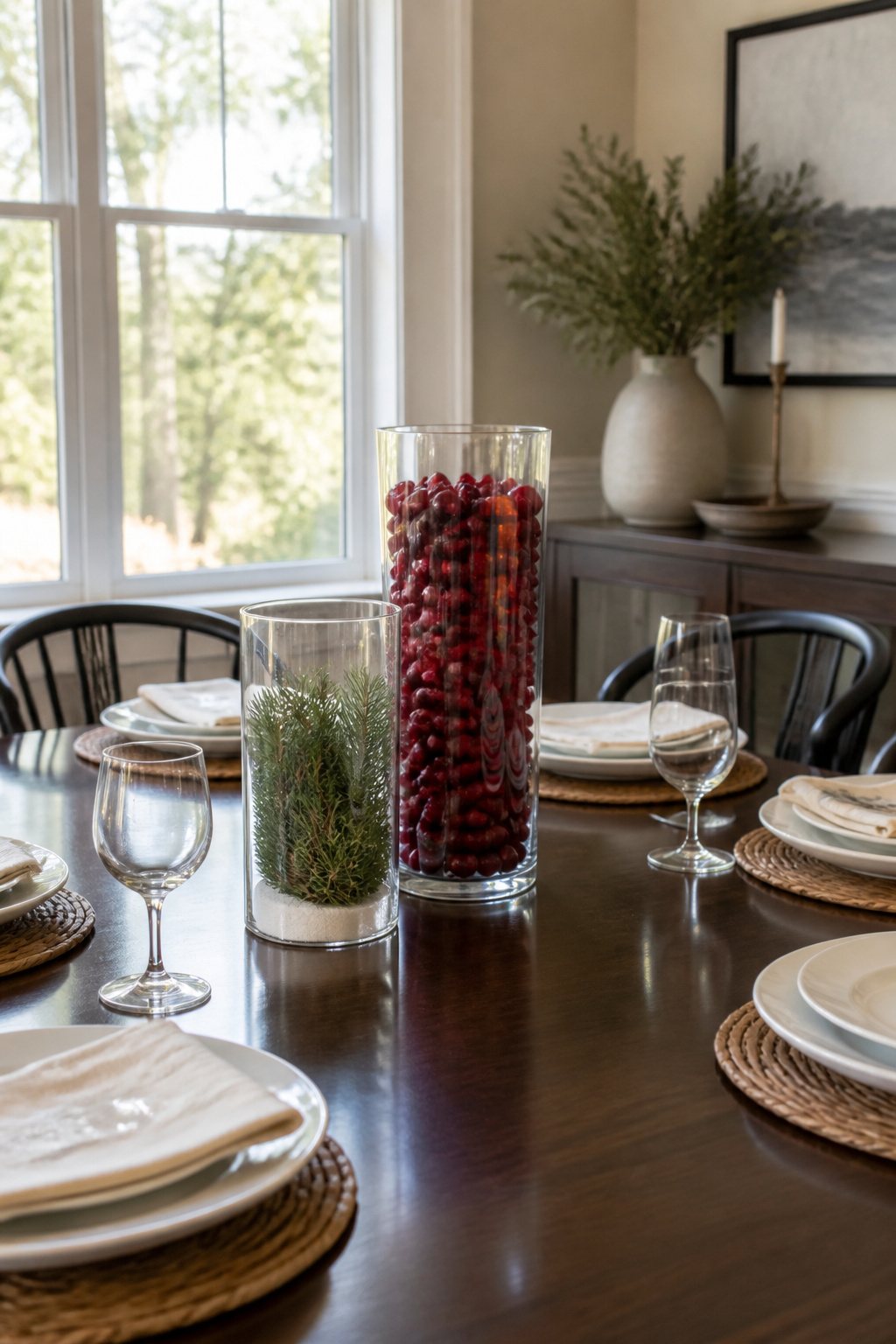 15 Simple Christmas Decorating Ideas for a Cozy 2026 Holiday 13 A vase filled with cranberries and evergreen branches as a centerpiece.