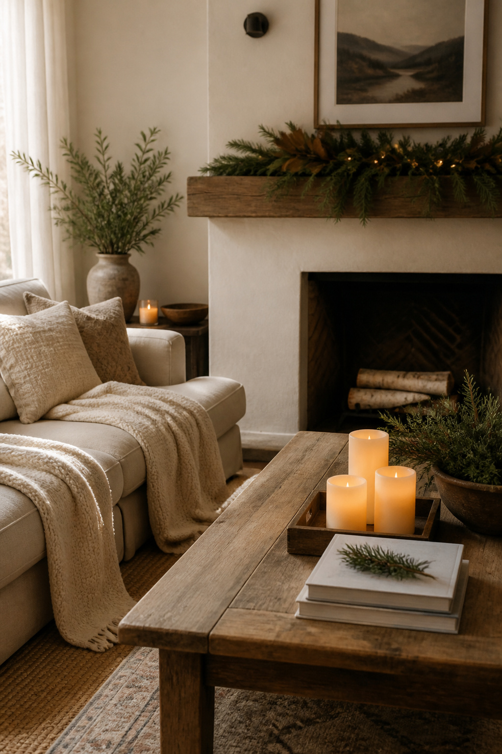 15 Simple Christmas Decorating Ideas for a Cozy 2026 Holiday 19 A cozy living room with layered textiles and soft candlelight.