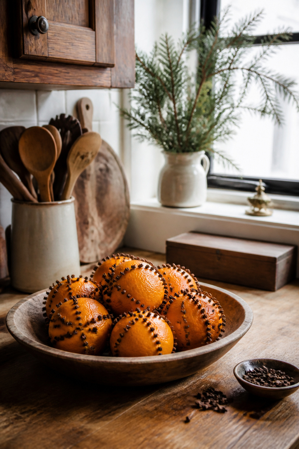 15 Simple Christmas Decorating Ideas for a Cozy 2026 Holiday 2 A bowl of pomanders made from oranges and cloves on a kitchen counter.