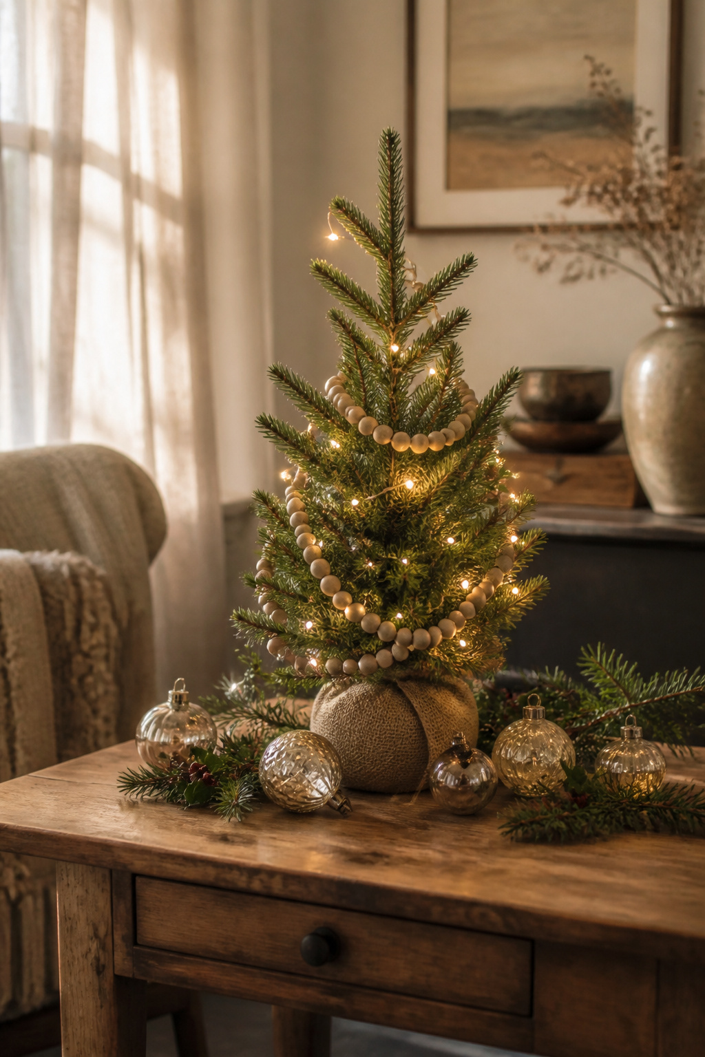 15 Simple Christmas Decorating Ideas for a Cozy 2026 Holiday 5 A two-foot spruce tree decorated with lights on a kitchen table.