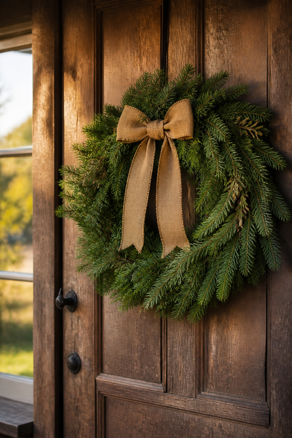 15 Simple Christmas Decorating Ideas for a Cozy 2026 Holiday 6 A plain evergreen wreath hanging on a door.