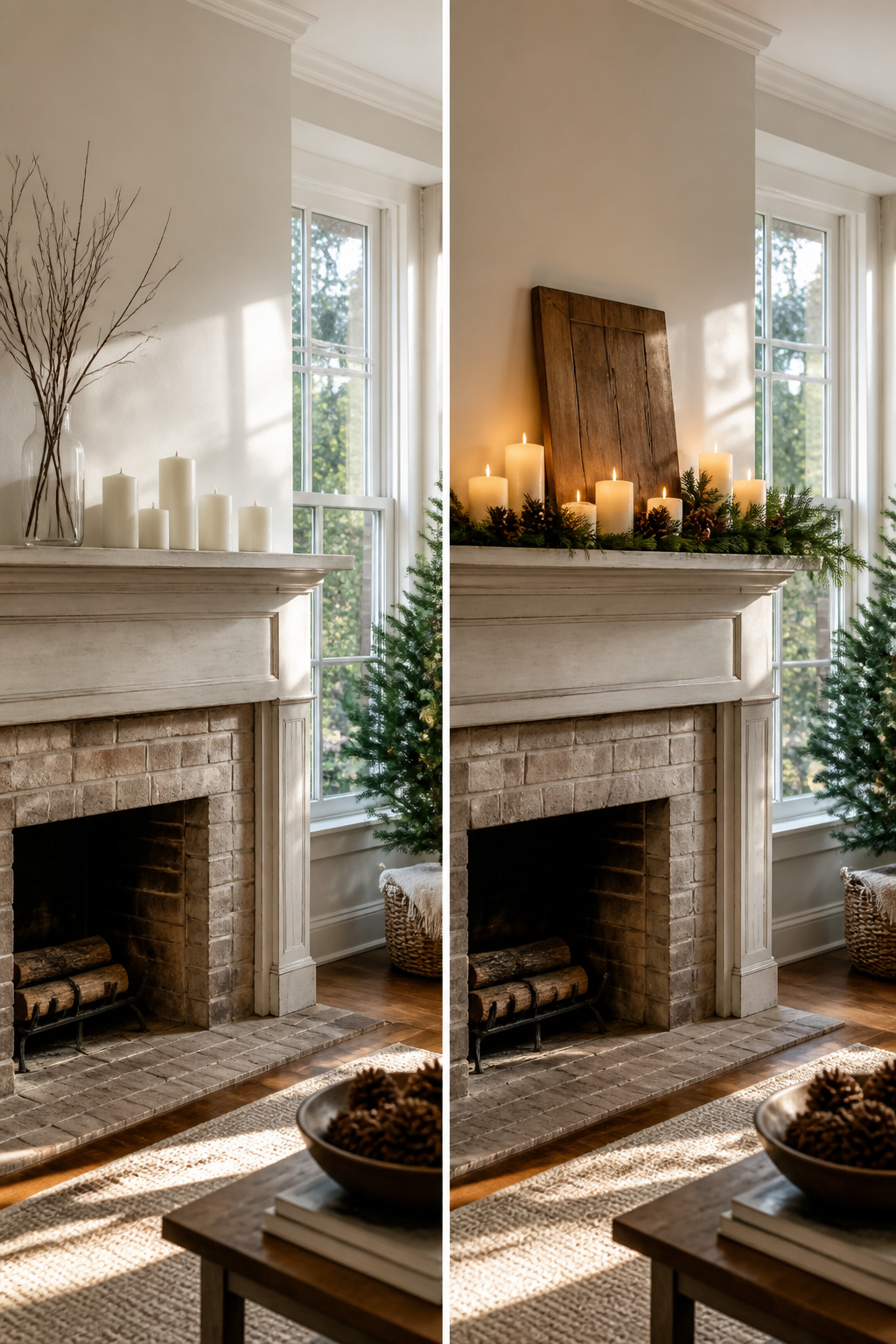 15 Simple Christmas Decorating Ideas for a Cozy 2026 Holiday 7 Battery-operated candles placed on a mantel and kitchen counter.