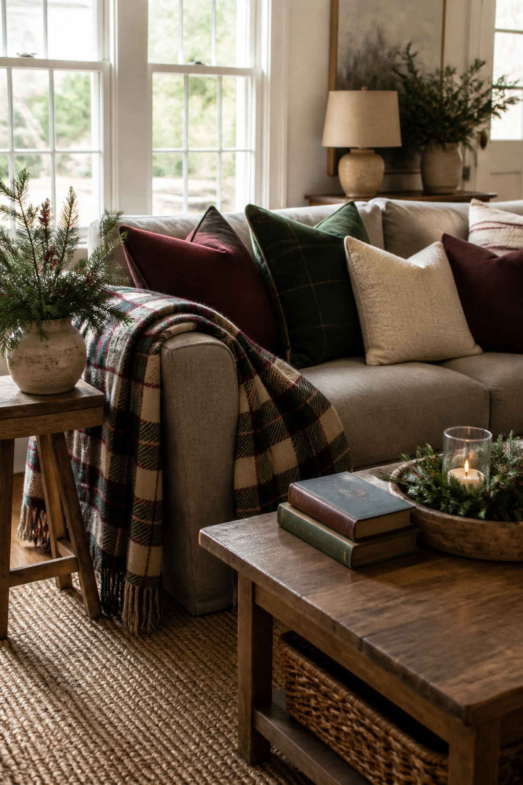15 Simple Christmas Decorating Ideas for a Cozy 2026 Holiday 8 A sofa with pillows and a plaid blanket in a living room.