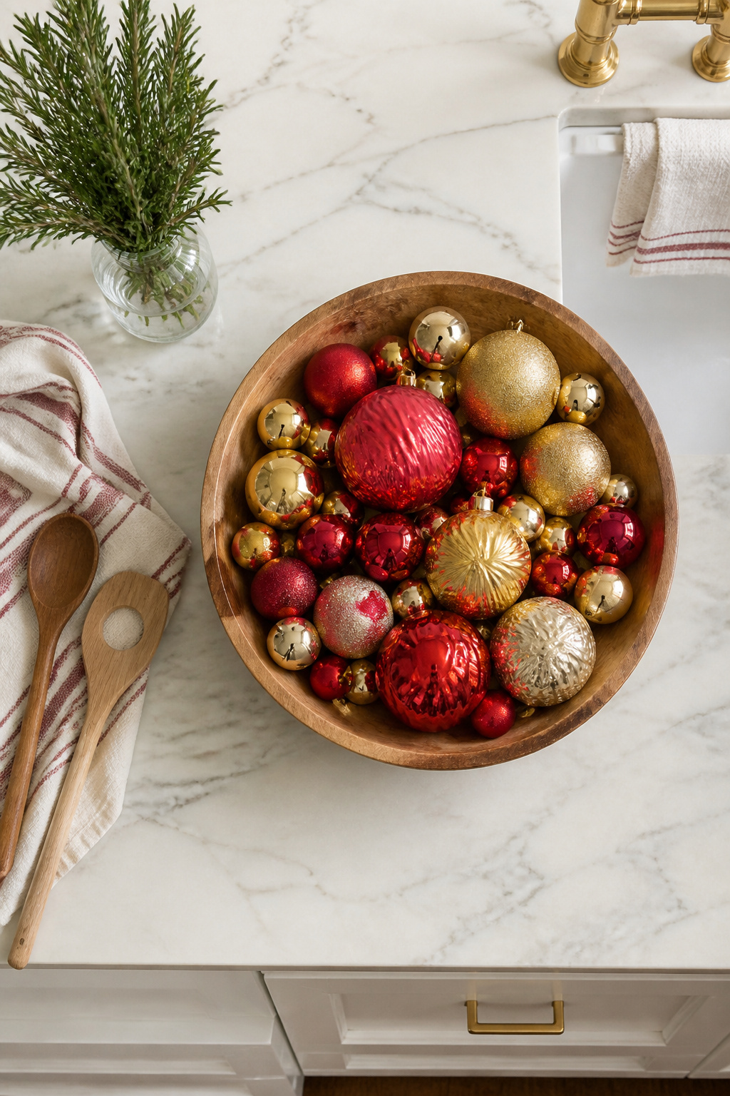 15 Simple Christmas Decorating Ideas for a Cozy 2026 Holiday 9 A ceramic bowl filled with various Christmas ornaments.