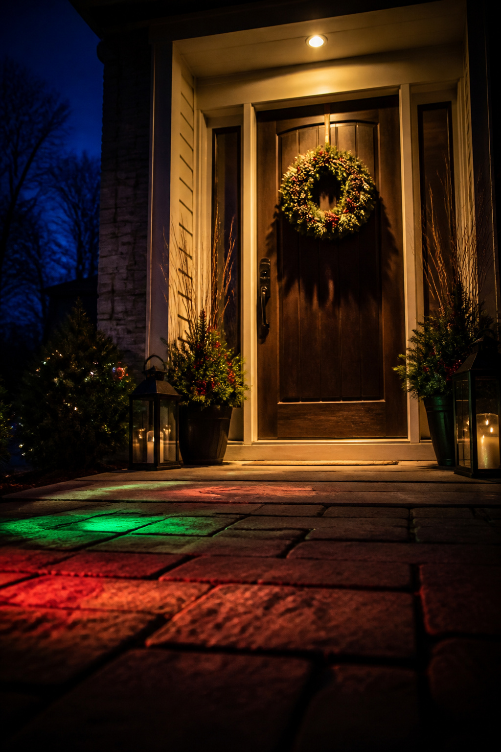 8 Simple Outdoor Christmas Decor Ideas for 2026 8 Colored spotlights illuminating various outdoor Christmas decorations.