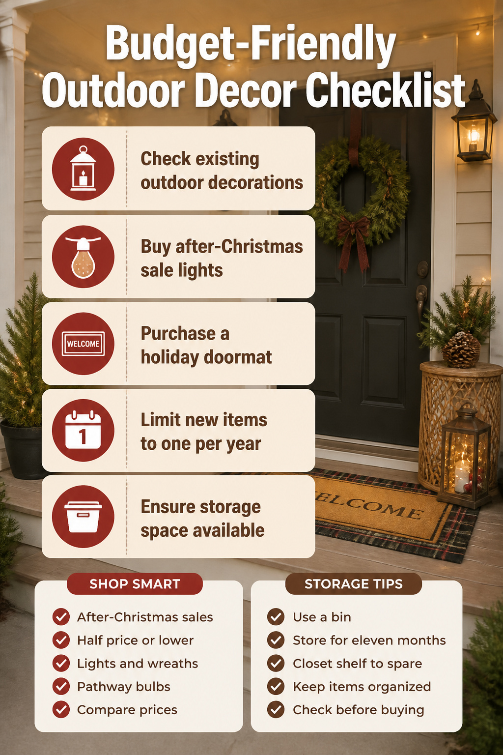 8 Simple Outdoor Christmas Decor Ideas for 2026 9 An outdoor decor checklist for budget-friendly shopping options.
