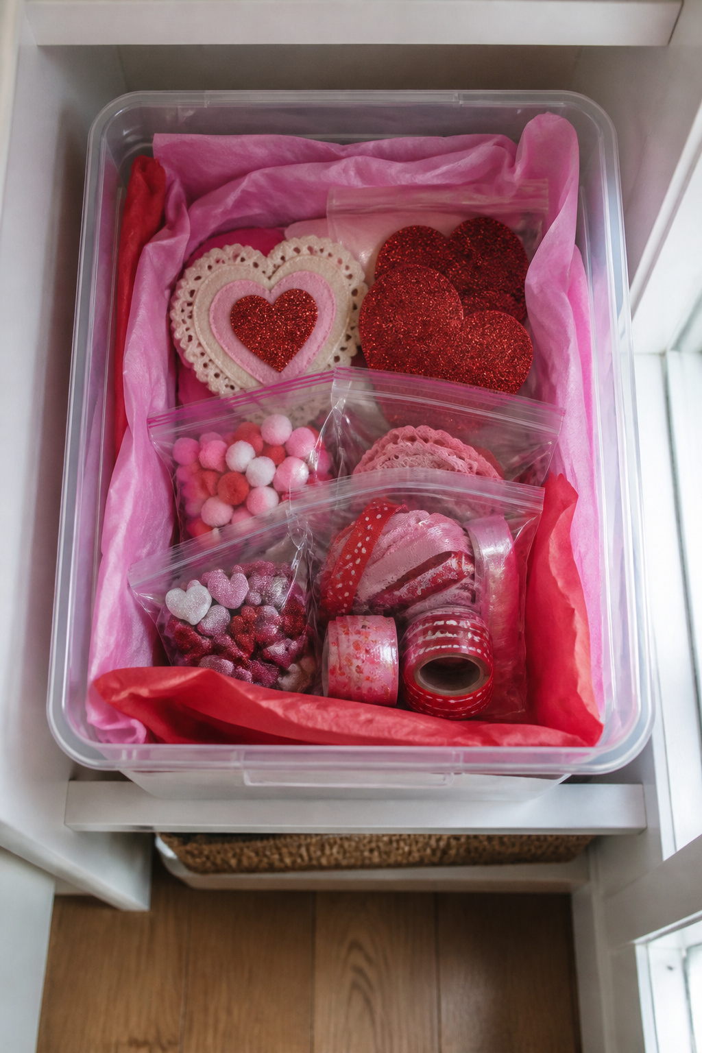 10 Simple Valentine Decorations Ideas for 2026 14 Storage bin organized with Valentine decorations and labeled.
