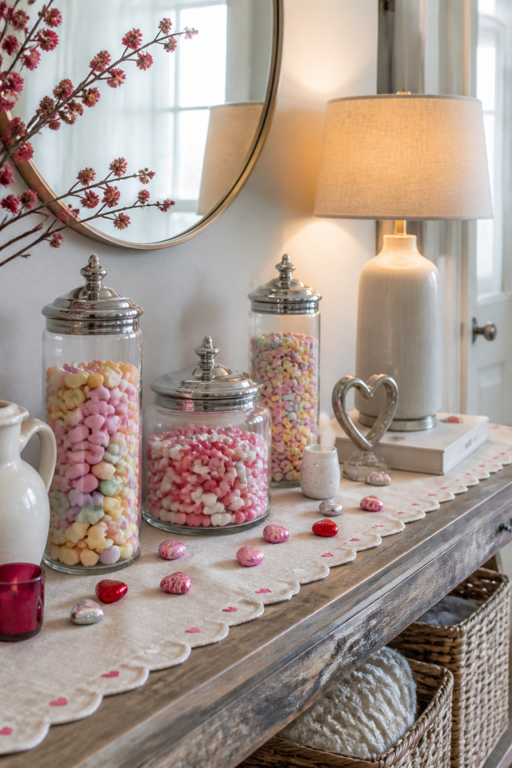 10 Simple Valentine Decorations Ideas for 2026 2 Colorful conversation hearts in glass jars on a rustic wood table.