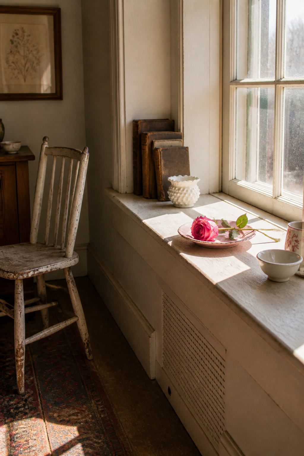 10 Simple Valentine Decorations Ideas for 2026 4 Chipped pink saucer with a grocery-store rose on a windowsill.