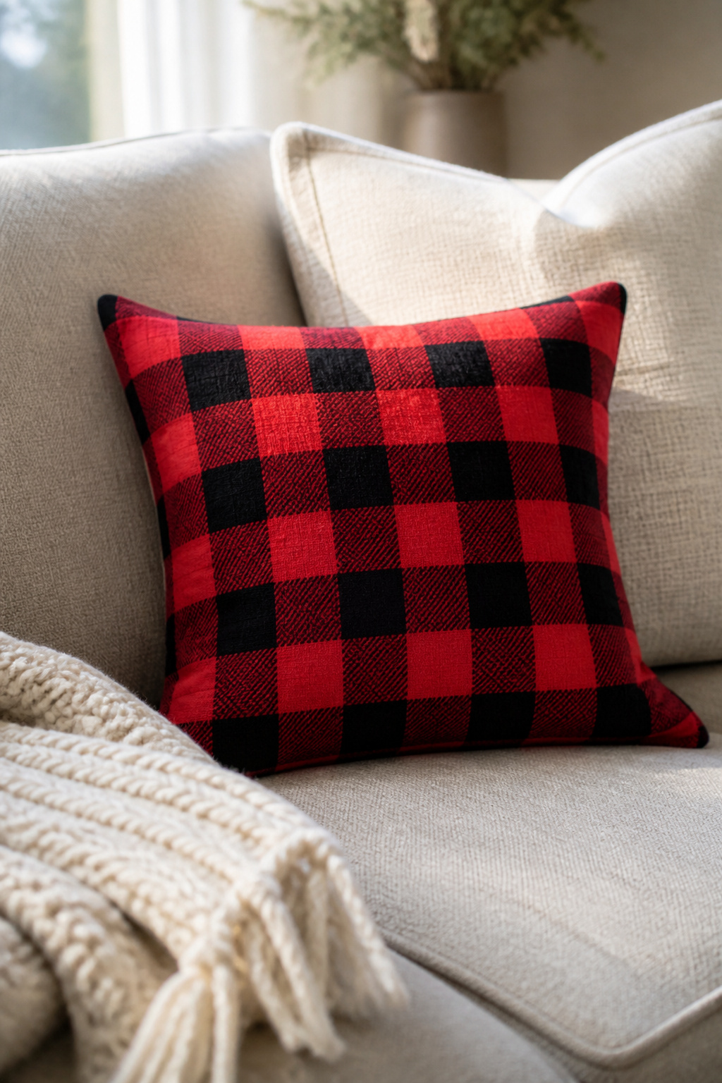 10 Simple Valentine Decorations Ideas for 2026 6 Red buffalo plaid pillow paired with heart-shaped decor on a couch.