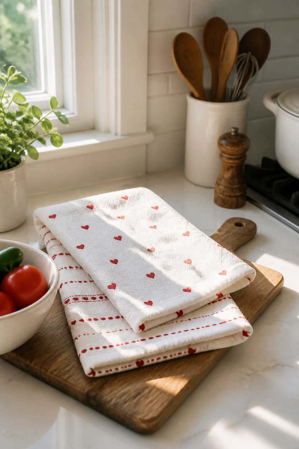 10 Simple Valentine Decorations Ideas for 2026 7 Layered kitchen towels with red heart patterns on a wooden cutting board.