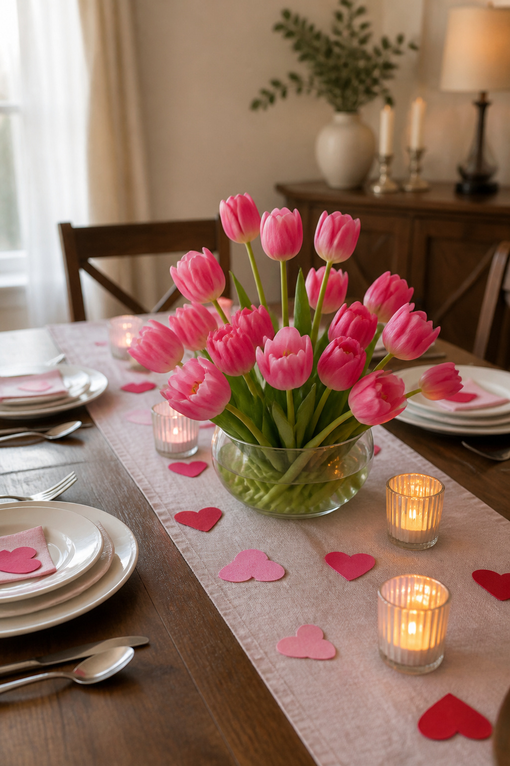 10 Simple Valentine Decorations Ideas for 2026 8 Table centerpiece featuring short flowers in a ceramic vase.