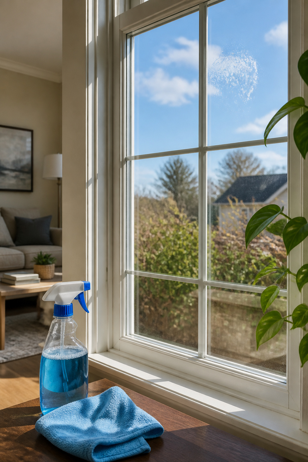 How to Use Snow Spray on Windows: 9 Steps for Decorating Glass in 2026 1 A spotless window with glass cleaner and a microfiber cloth nearby.