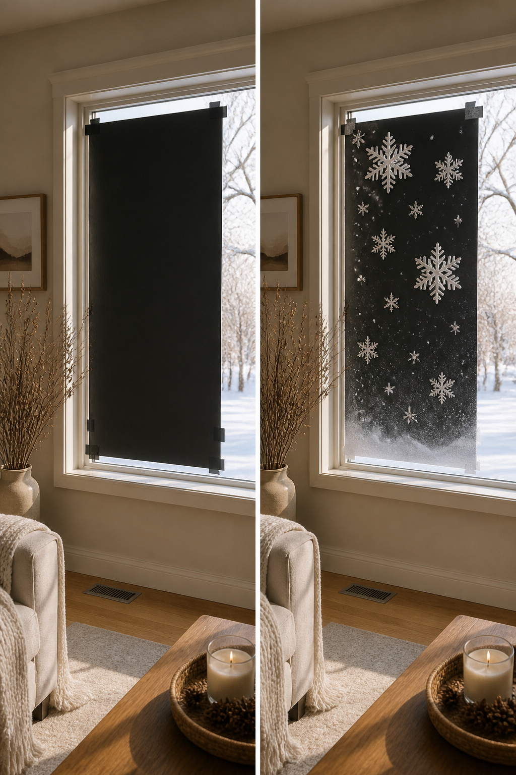 How to Use Snow Spray on Windows: 9 Steps for Decorating Glass in 2026 2 A black sheet taped behind a window to enhance visibility for snow spray.
