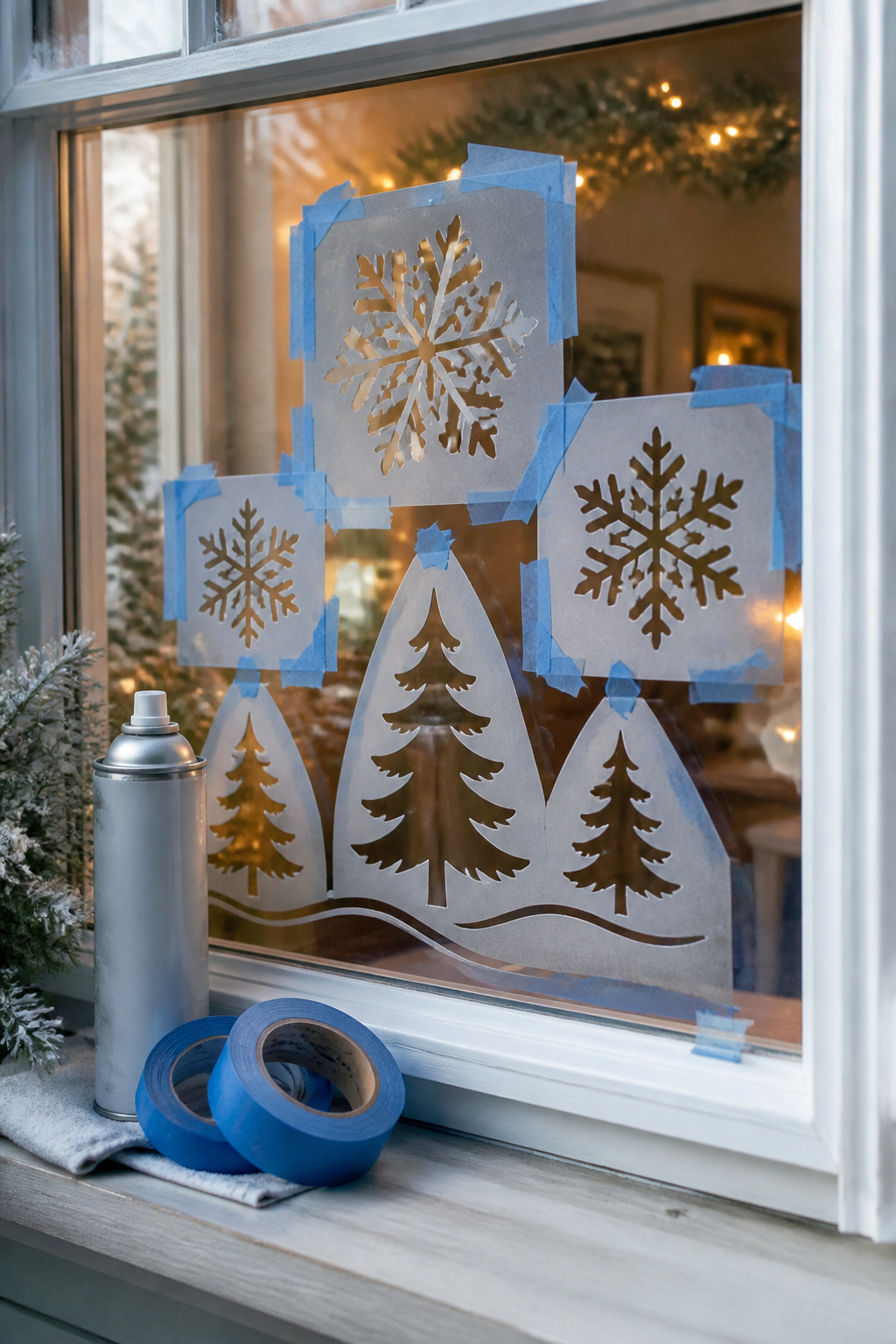 How to Use Snow Spray on Windows: 9 Steps for Decorating Glass in 2026 7 A set of stencils for snowflakes and trees used on a window.