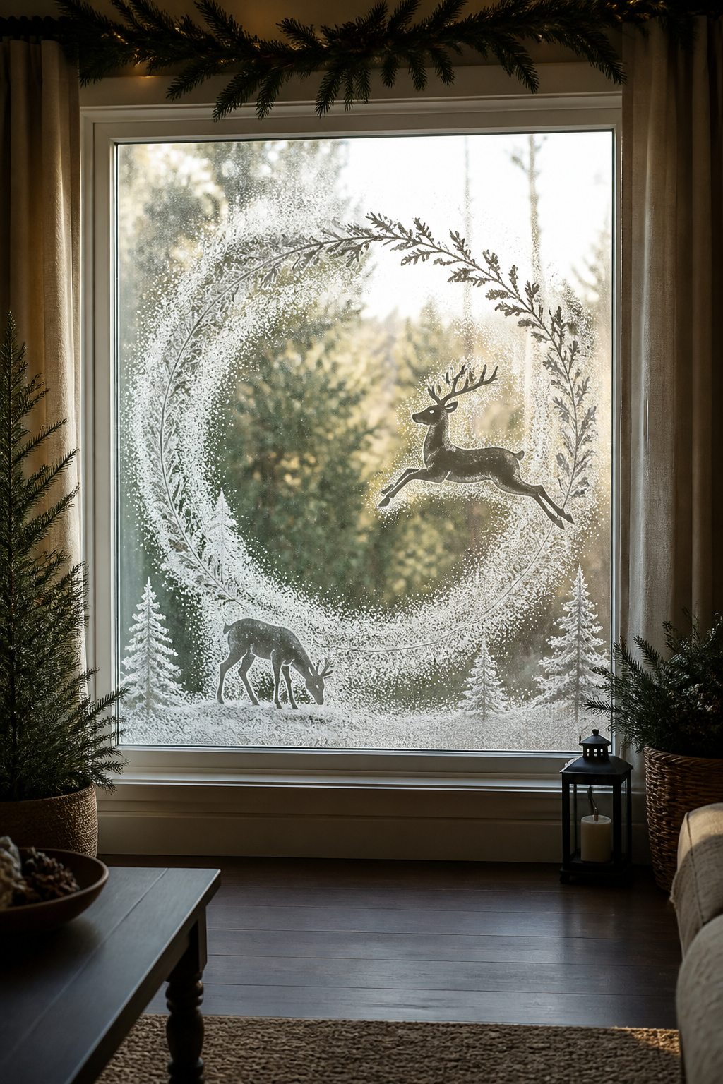 How to Use Snow Spray on Windows: 9 Steps for Decorating Glass in 2026 9 A window displaying snow spray decorations of reindeer and a wreath.