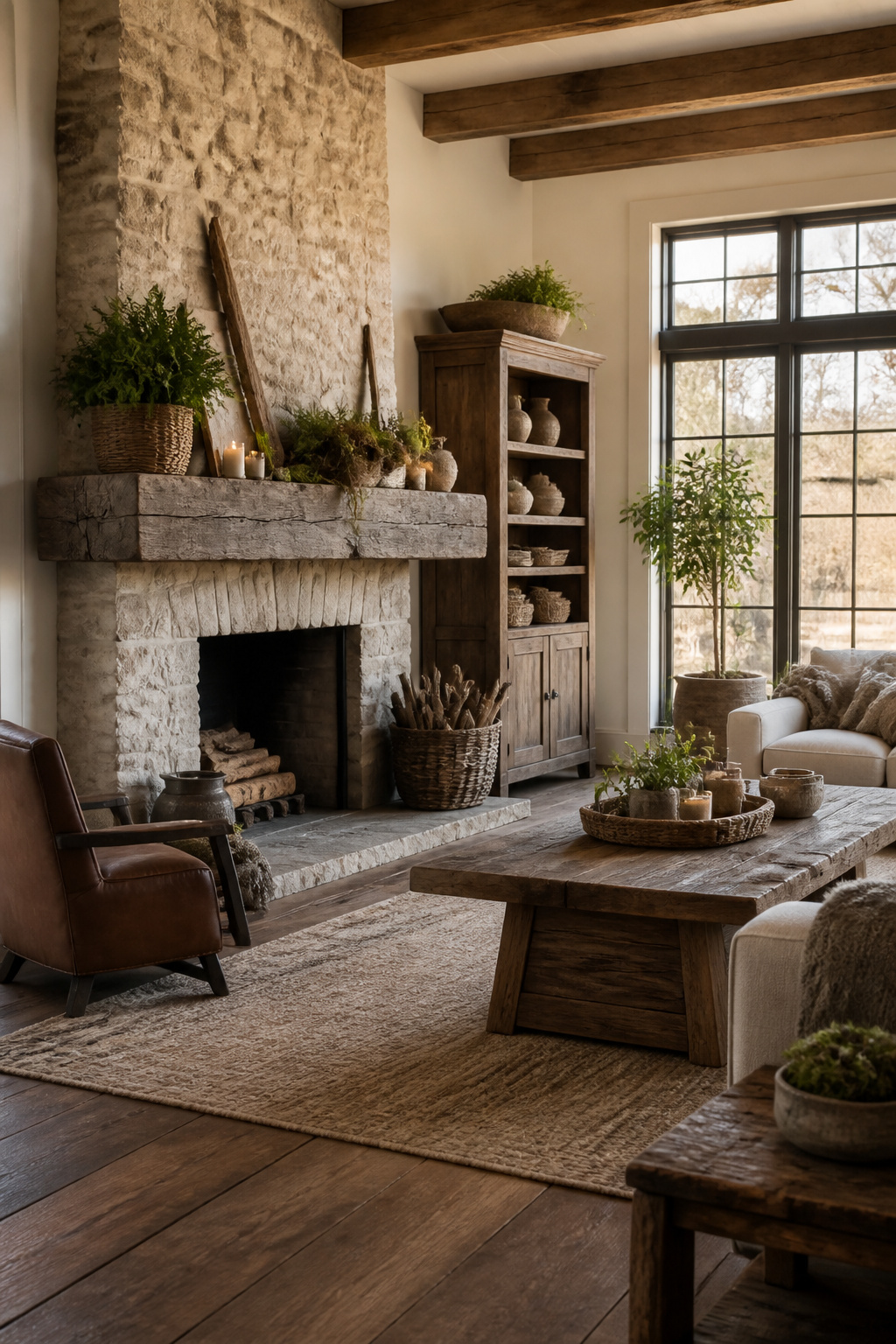 8 Spring Mantel Ideas for 2026: Rustic, Floral, Easter, Minimalist & More 1 A rustic mantel with a wood base, branches, and fresh greenery.