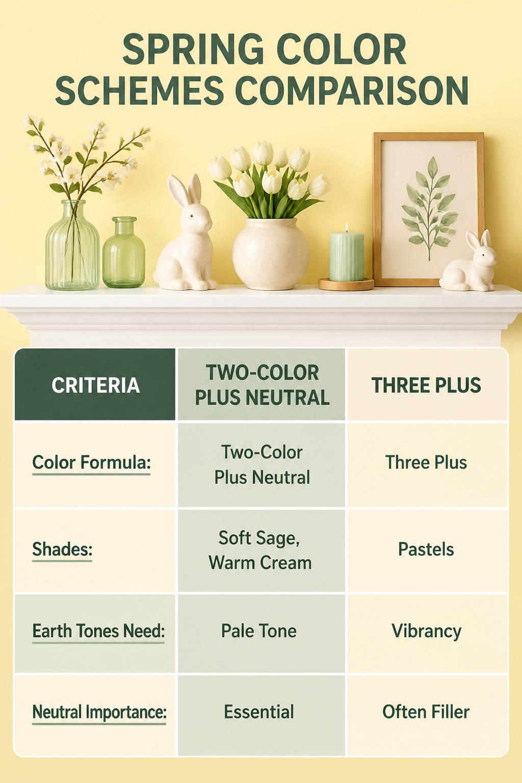 8 Spring Mantel Ideas for 2026: Rustic, Floral, Easter, Minimalist & More 10 An infographic comparing color schemes for spring mantel decor.